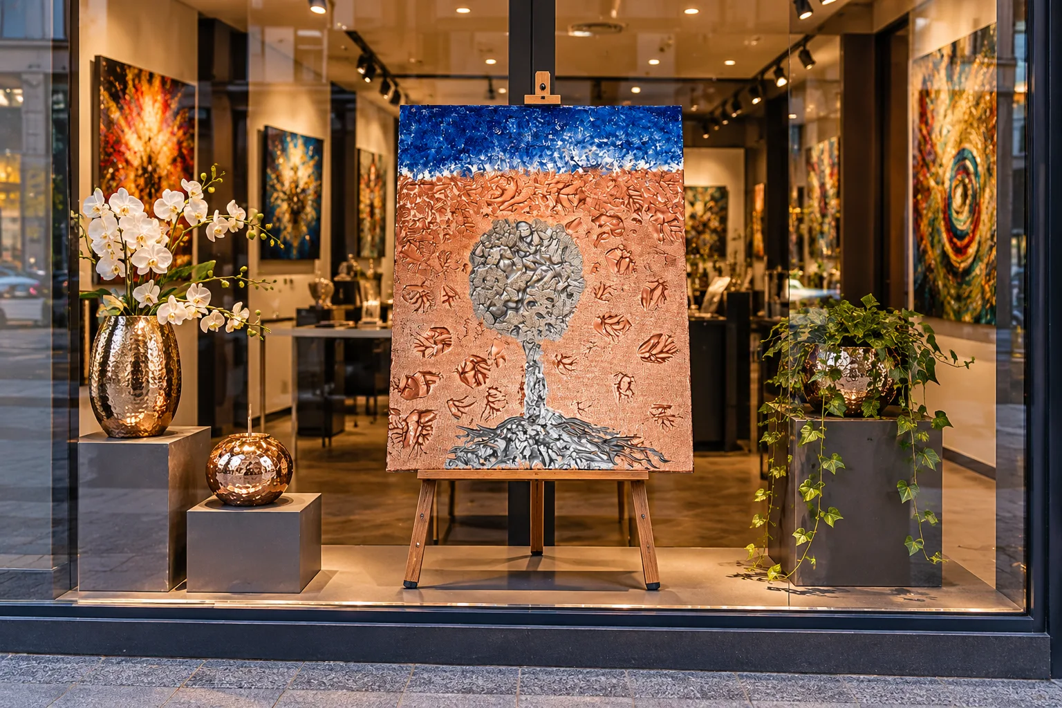 Werk AG-101 – Silberbaum im Roségold – im Schaufenster einer Galerie