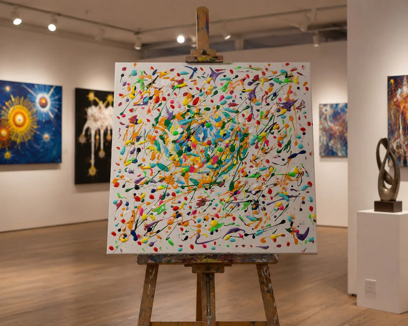 Werk AG-84 – Farben im Takt – auf der Staffelei in einer Galerie