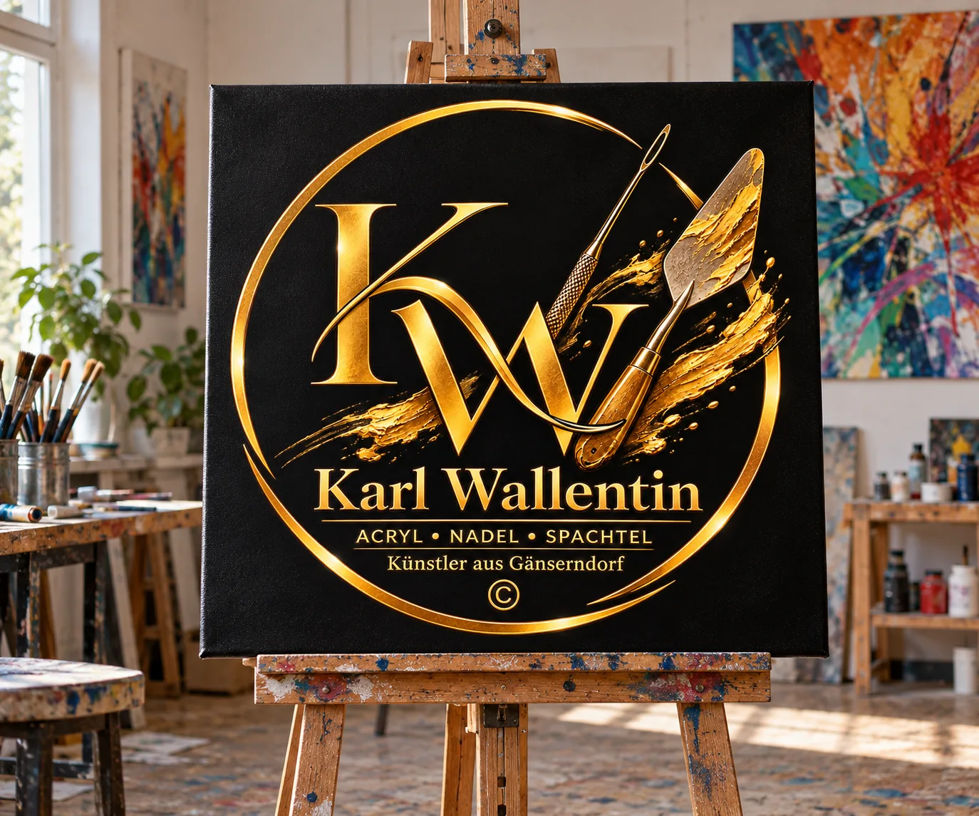 Karl Wallentin Logo auf Staffelei im Atelier